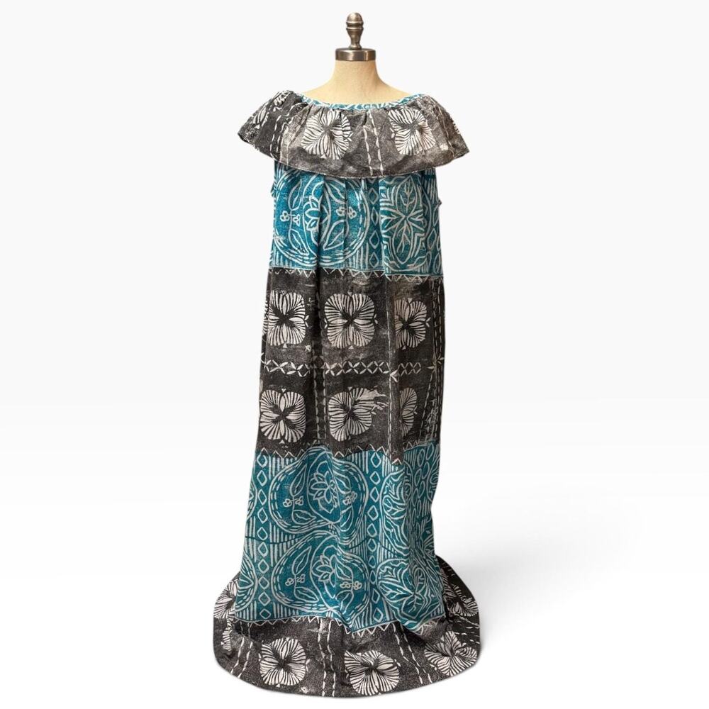 Polynesian Hawaiian Print Muumuu Dress Maxi Teal Blue Gray Black 3X Neckline